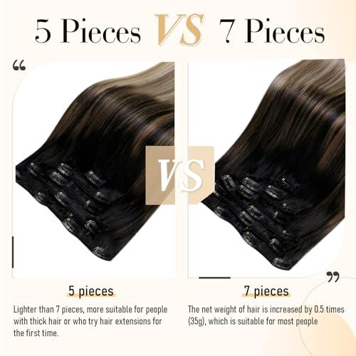 LaaVoo LaaVoo Clip in Hair Extensions Black Ombre Real Human Hair Clip in Extensions Ombre Black to Light Brown Balayage Light Blonde Human Hair Extensions Clip ins for Short Hair 12 Inch 5pcs 80g