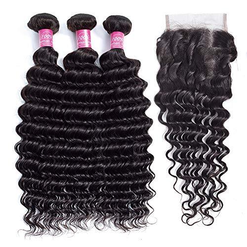 FQ Deep Wave Bundles with Closure Brazilian 10A Human Hair Bundles(26 28 30+20 Closure)Deep Weave Curly Human Hair 3 Bundles with 4x4 Lace Closure 100% Unprocessed Virgin Human Hair Bundles Natural Color