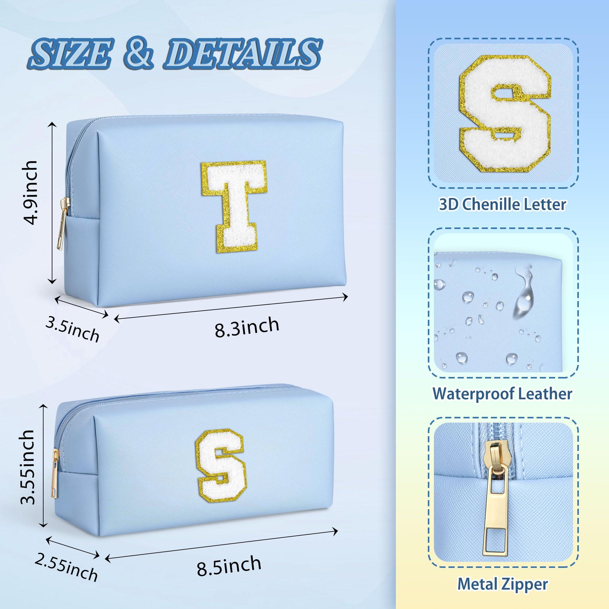 TOPEAST TOPEAST Personalized Gifts Make Up Bag, 2 PCS Monogram Cute Initial Makeup Bag PU Leather Chenille Letters Waterproof Travel Toiletry Bag Personalized Birthday Gifts For Women, Blue A