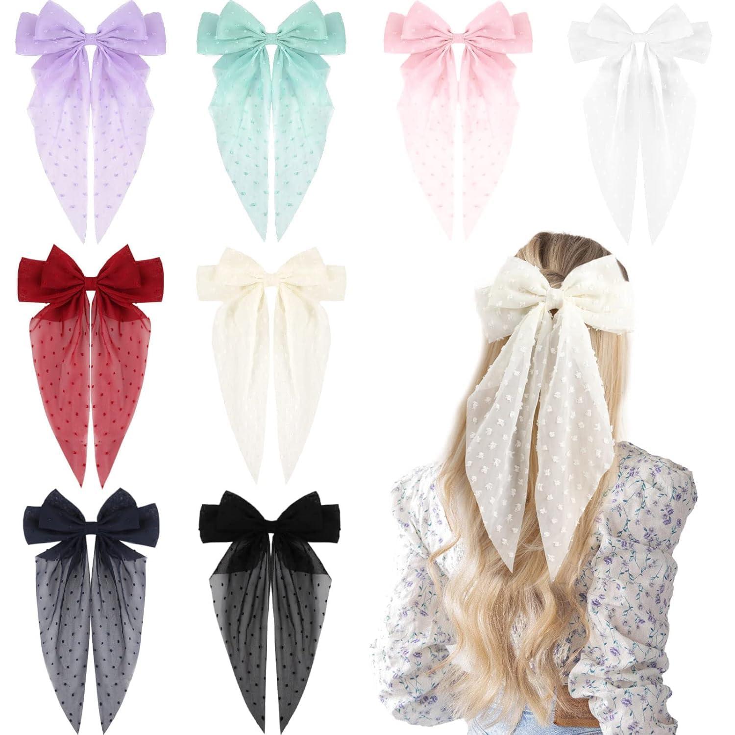 VOBOBE VOBOBE Hair Bow Clip, 8Pcs Big Tulle Layered Hair Bows for Women Girls 8 Inch, Long Black Gauze Bows, French Style Hair Accessories