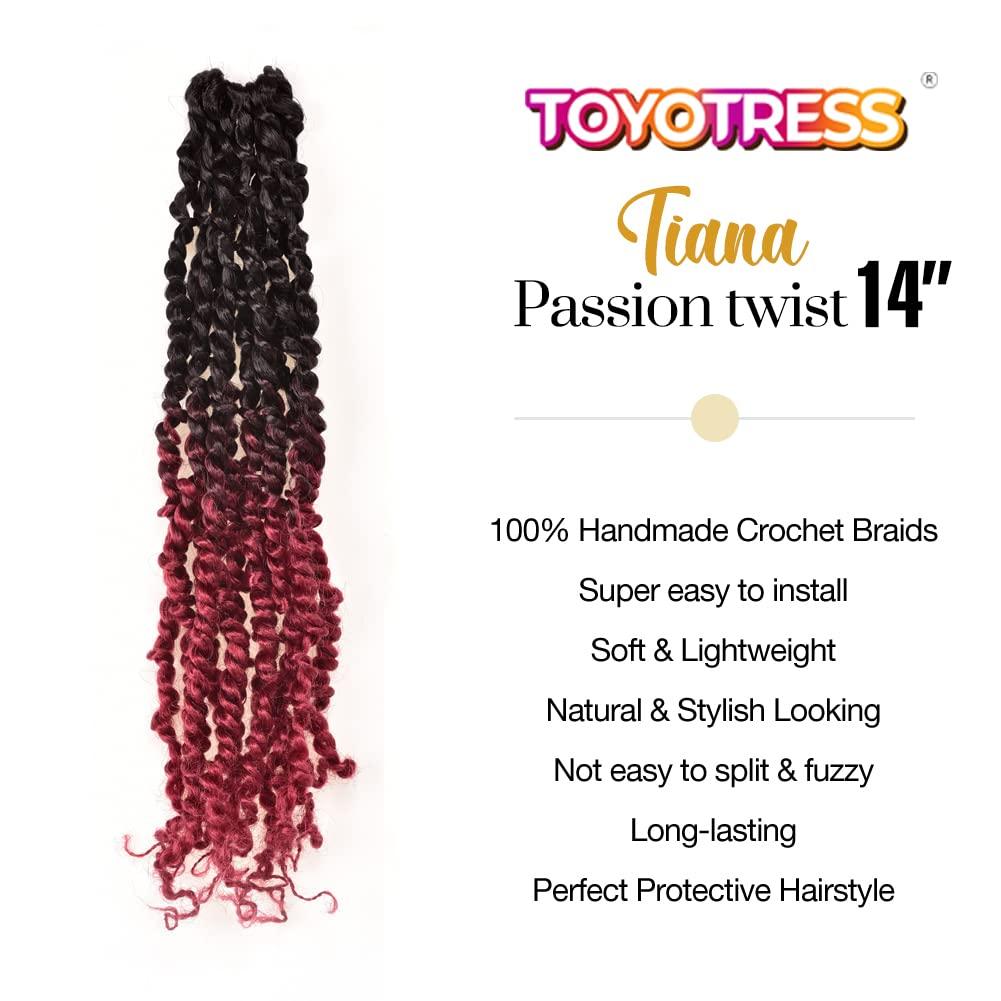 ToyoTress ToyoTress Tiana Passion Twist Hair - 14 Inch 8 Packs Ombre Burgundy Red Pre-Looped Pre-Twisted Passion Twists Crochet Braids Made Of Bohemian Hair Synthetic Braiding Hair Extension (14 Inch, OT118-8P)