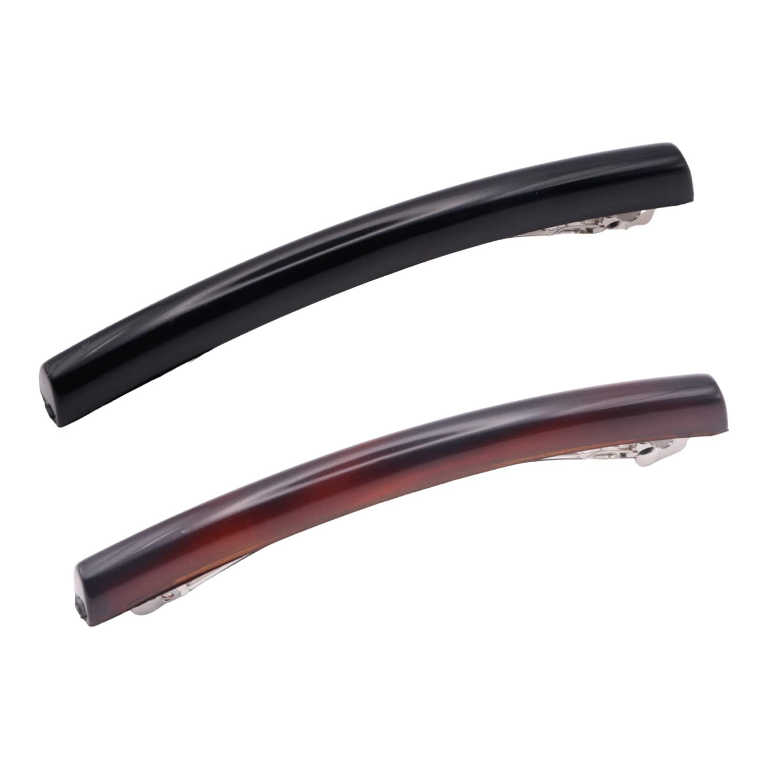 Parcelona Parcelona French Long Narrow Large Celluloid Set of 2 Acetate No Slip Automatic Hair Clips Strong Hold Hair Barrette for Women and Girls, Made in France (Tortoise Shell-Black)
