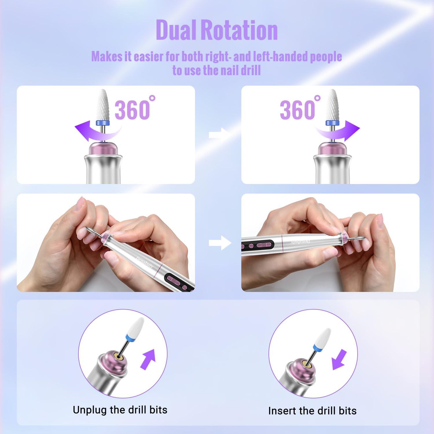 Denabuty Denabuty Cordless Electric Nail Drill Machine, 13 in 1 Nail File Kit 35000RPM Professional Portable Rechargeable E File for Acrylic Polish Gel Removal Manicure Pedicure Set with 5 Speeds DN-2402