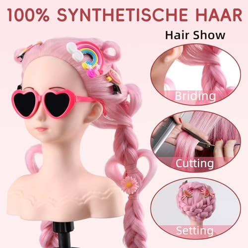 Anstar Anstar Hair Styling Doll Head for Girls Styling Head for Kids Mannequin Head with Pink Hair Doll Head for Hair Styling Braiding Cosmetology Manikin Head with Clamp Holder and Tools