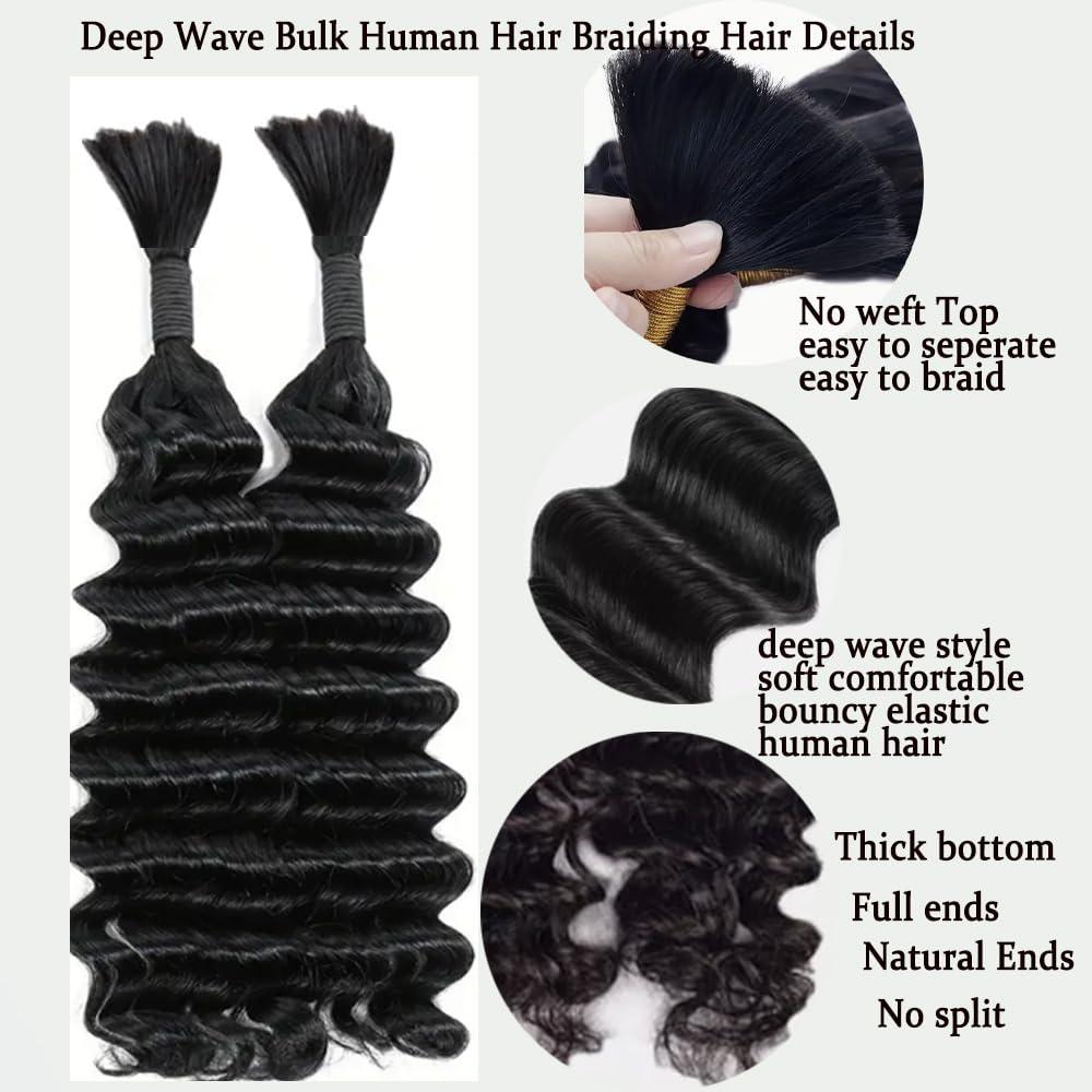 VANTELUVE Deep Wave Bulk Human Hair for Braiding 18 inches Deep Bulk Human Hair for Braiding no Weft 95g 2 Bundles Virgin Human Hair Extensions Bulk Curly Human Hair for Boho Braids Natural Black
