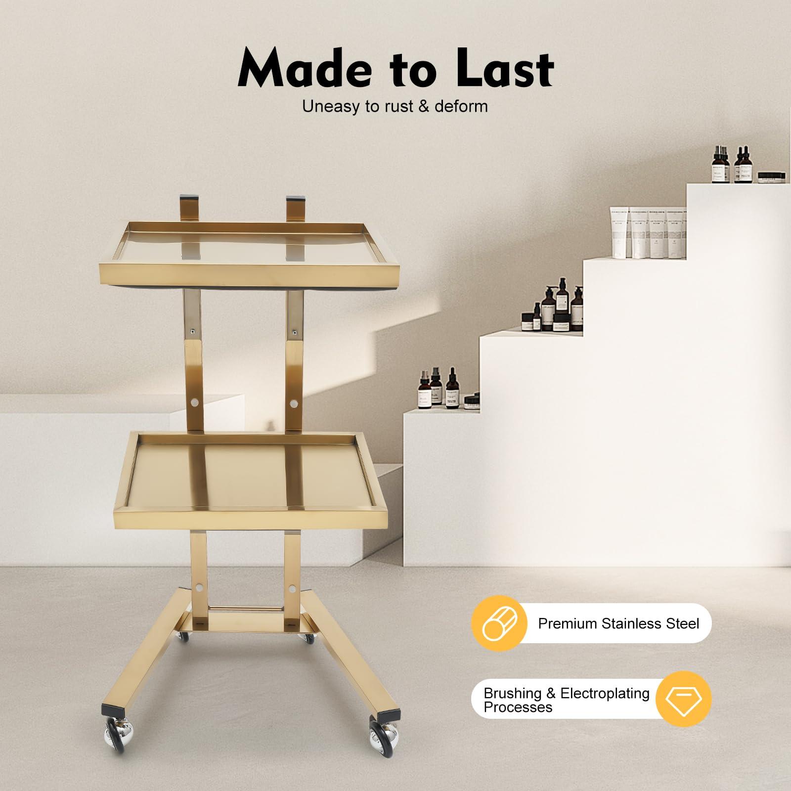 Pinelicorn 2 Tier Metal Rolling Cart, Stainless Steel Salon Tray with Wheels, Foldable Utility Carts, Folding Salon Tray Trolley, Rolling Tray Salon Trolley for Tattoo (Golden)