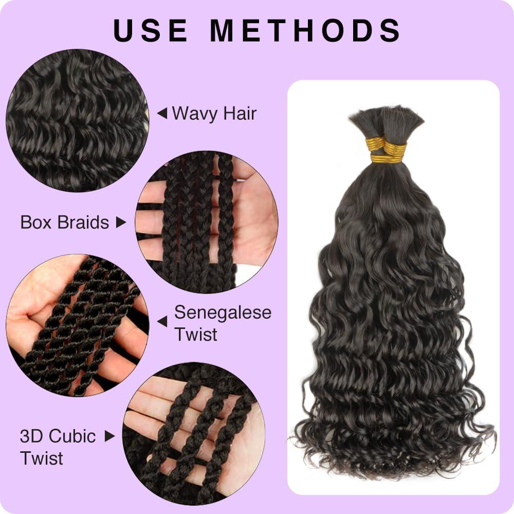 CurlyPark Water Wave Bulk Human Hair for Braiding Double Drawn Natural Color Curly Human Braiding Hair for Boho Braids Bohemian 100grams (20 Inches, Water Wave)