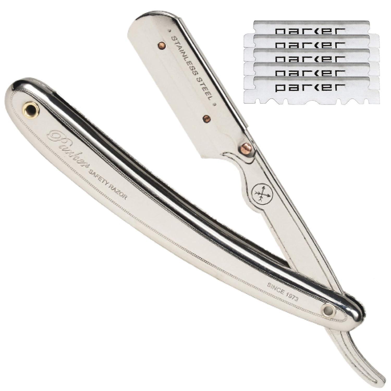 Parker Safety Razor Parker SR1 Stainless Steel Straight Edge Barber Razor Professional Shavette for Barbers & Home Use with 5 Premium Platinum Half Blades Replaceable Blade Straight Razor for Close, Smooth Shaves