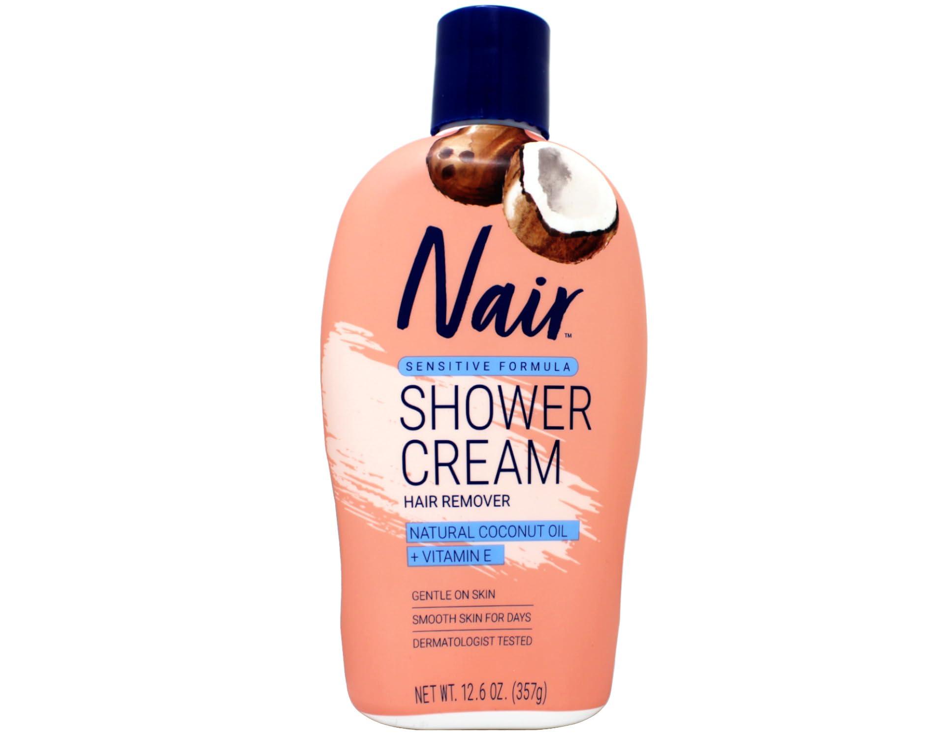 Nair Nair Sensitive Formula Shower Cream Hair Remover, Natural Coconut Oil + Vitamin E, Gentle on Skin, Smooth Skin for Days, Dermatologist Tested, 12.6 oz (Pack of 5)