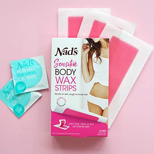 Nad's Nad’s Body Wax Strips for Sensitive Skin, Hair Removal for Sensitive Skin, Hypoallergenic, Includes 28 Waxing Strips & 2 Post Wax Calming Oil Wipes