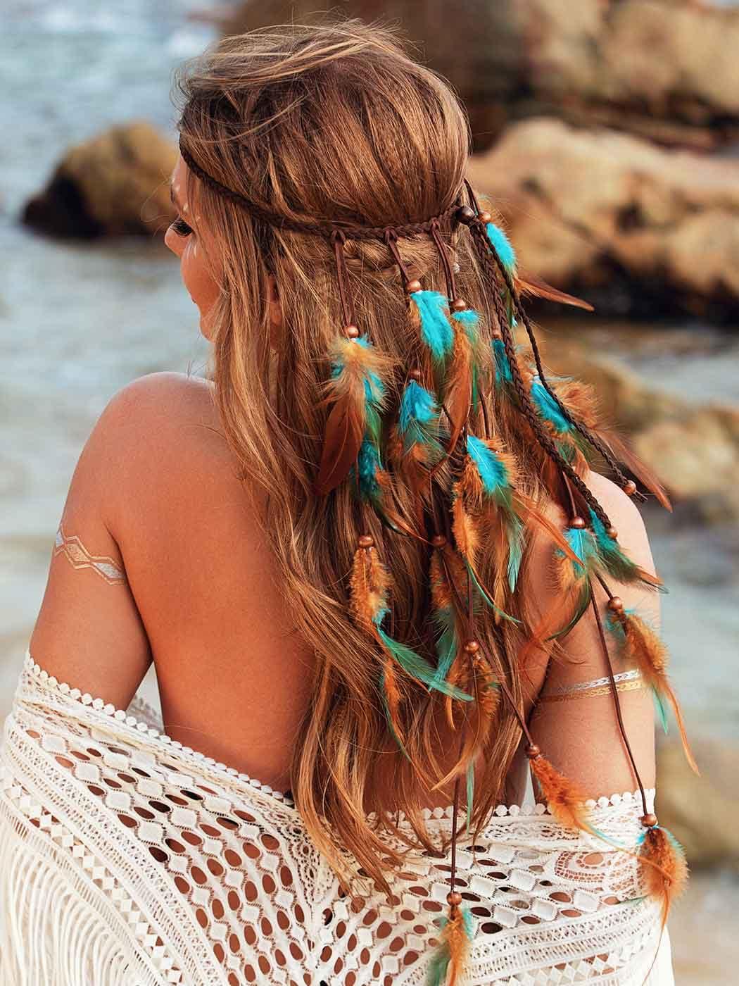 GORTIN GORTIN Boho Feather Headband Gypsy Costume Headdress Black Bohemian Hippie Headbands Indian Festival Hair Band Adjust Long Feather Headpiece Hair Accessory for Women and Girls (Blue+Brown)