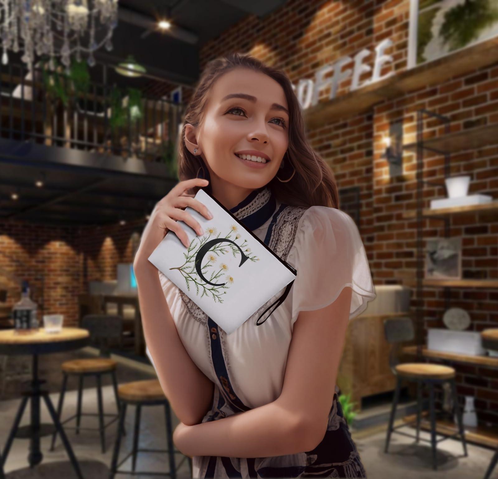 LANJU Initial Letter Bag Letter Makeup Bag for Women Initial Cosmetic Bag A-Z Personalized Makeup Bag Travel Makeup Bag,Initial Cosmetic Bag Gifts (white C)