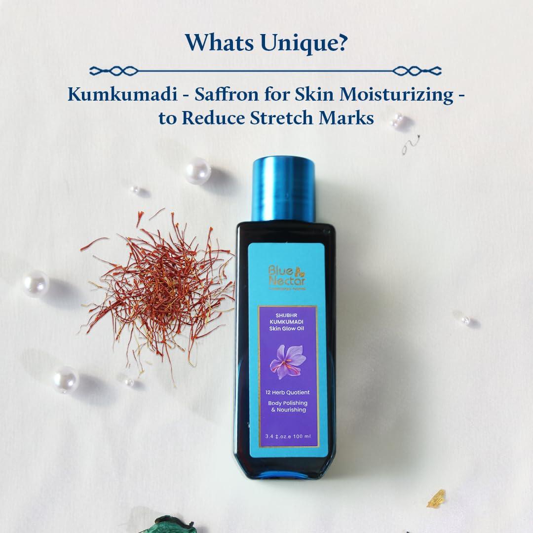 Blue Nectar Blue Nectar Kumkumadi Body Oil for Glowing Skin | Moisturizing Body Oil for Dry Skin with Relaxing Aroma | Plant Based Body Oil for Women & Men (12 Herbs, 3.4 fl oz)
