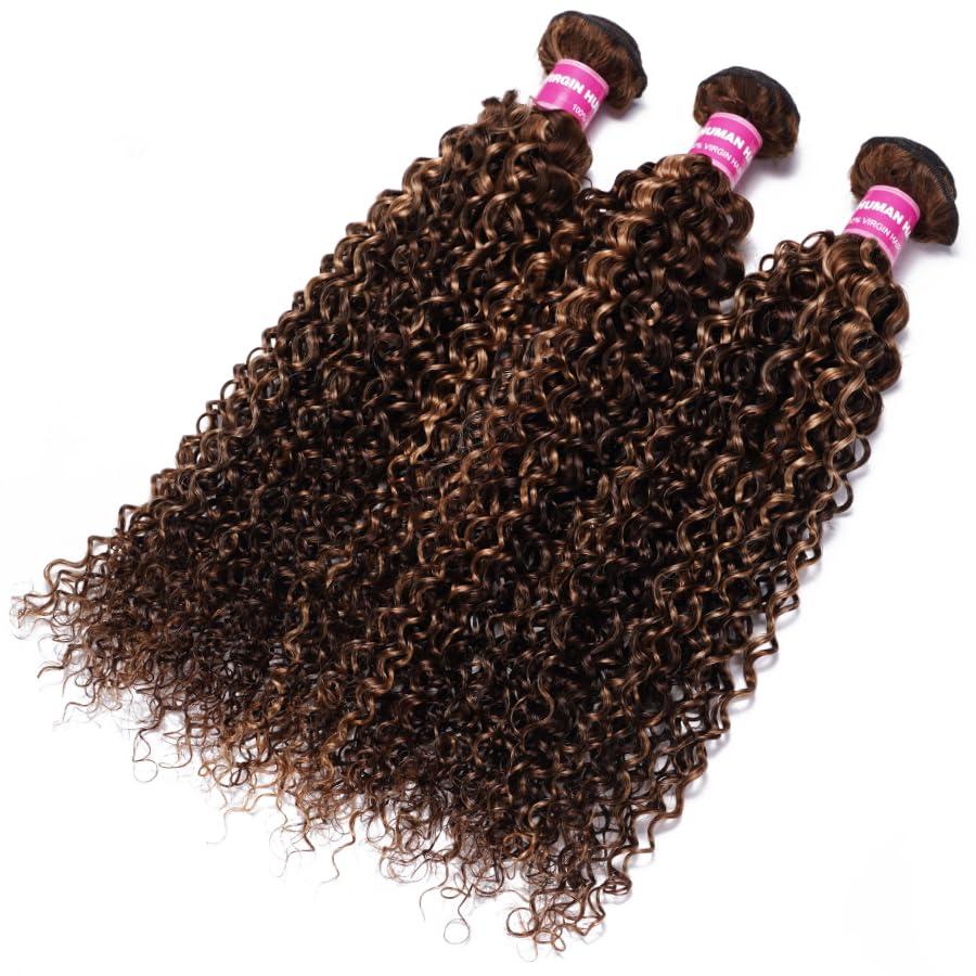 Sunber Sunber Human Hair Bundle Honey Blonde Highlight Curly Human Hair Weave Bundle 12A Brazilian Remy TL412 Highlights Balayage Color 14\"Inch Human Hair Weave Sew in Extension