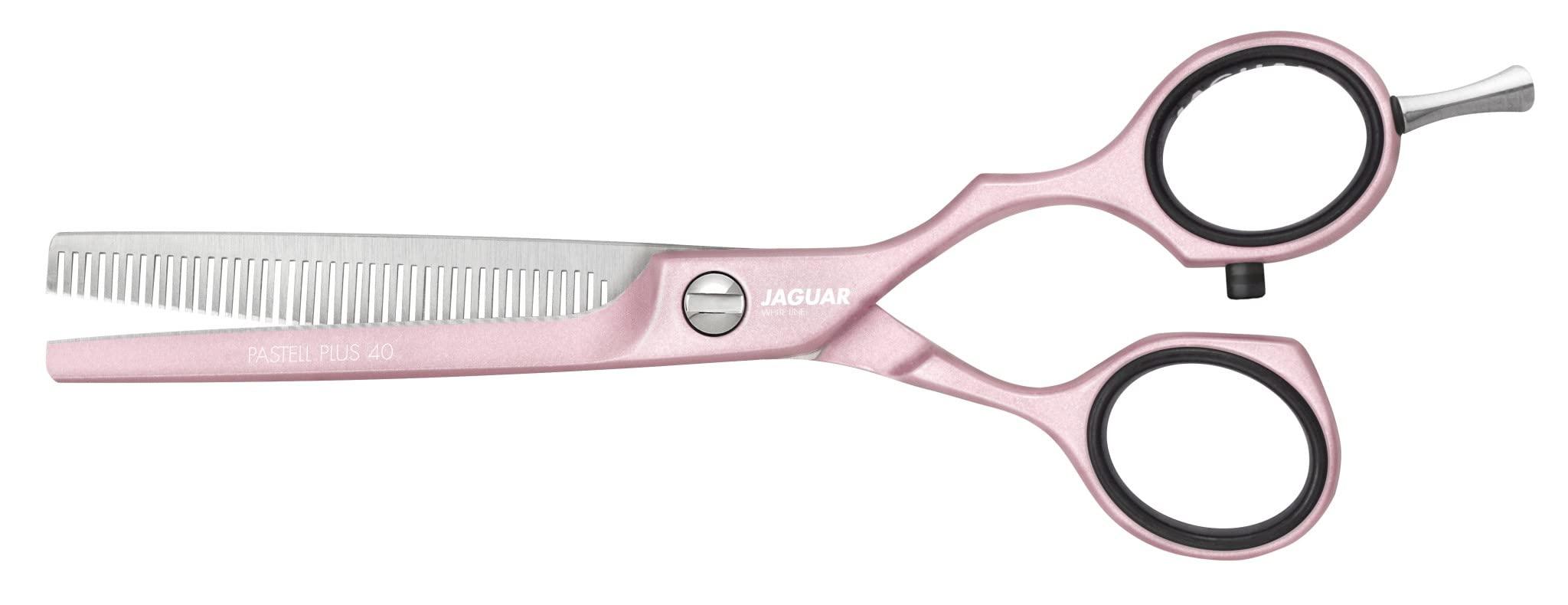 JAGUAR Jaguar Texturing Shears White Line PASTELL PLUS 40 ROSE 5.5 Inch Professional, Steel Hair Cutting Scissors for Salon, Hairdressers and Barbers, 40 Teeth, Pink, Offset Design, Made in Germany