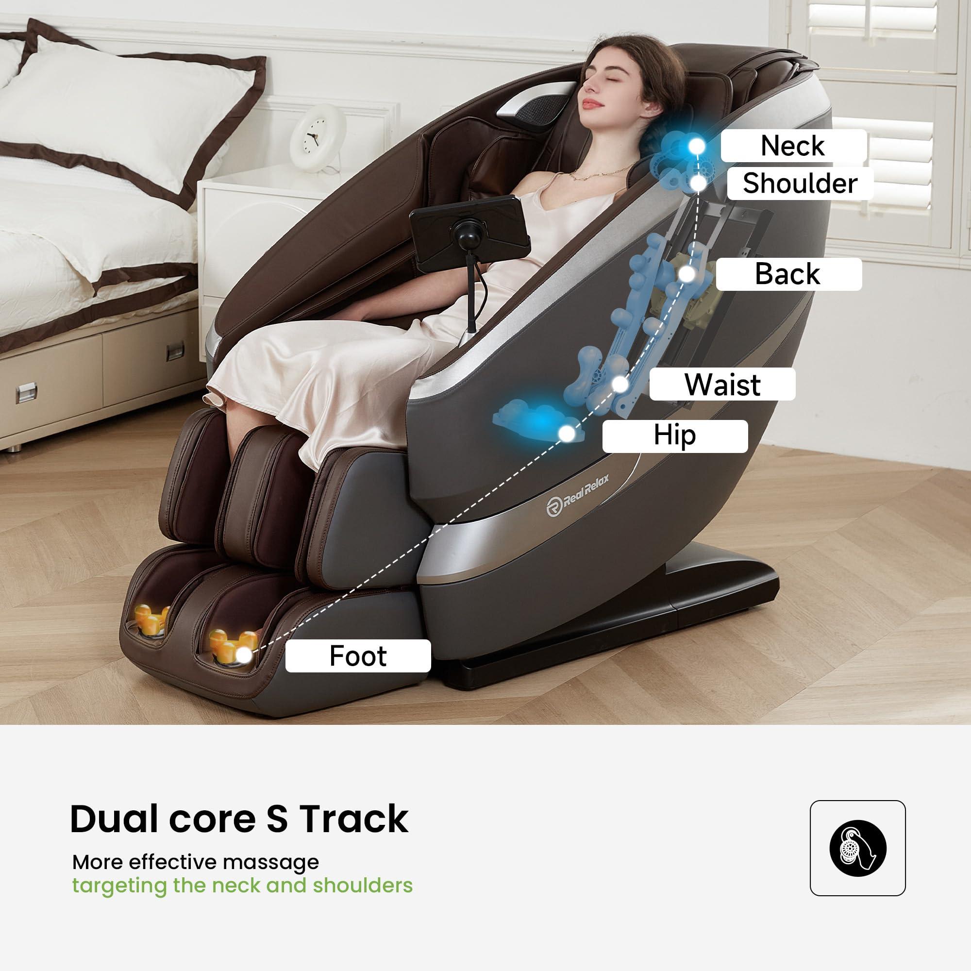 Real Relax Real Relax Massage Chair Full Body of Dual-core S Track, 12 Auto Modes, Back and Calves Heating, Zero Gravity Massage Recliner Chair, FS01 Brown