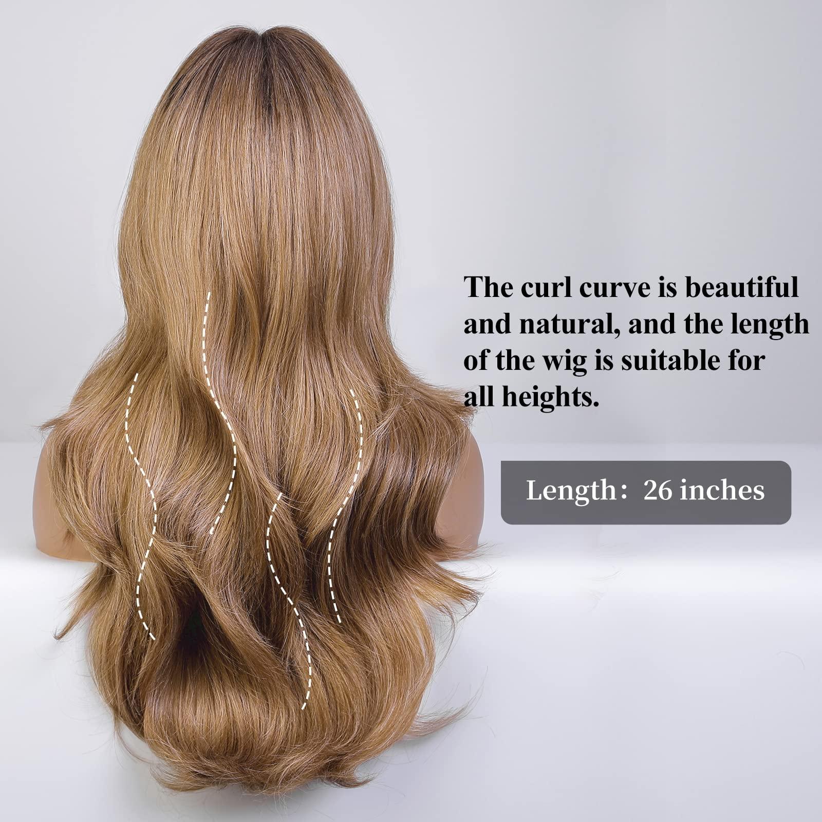 HAIRCUBE HAIRCUBE Light Brown Long Curly Wig with Bangs Heavy Blonde Natural Appearance Heat-Resistant Synthetic Wig Suitable for Fashionable Women 24Inch