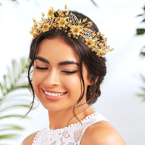 Woeoe Woeoe Crystal Queen Headband Gold Bridal Headpiece Women Headwear with Combs for Bride Wedding Birthday Party