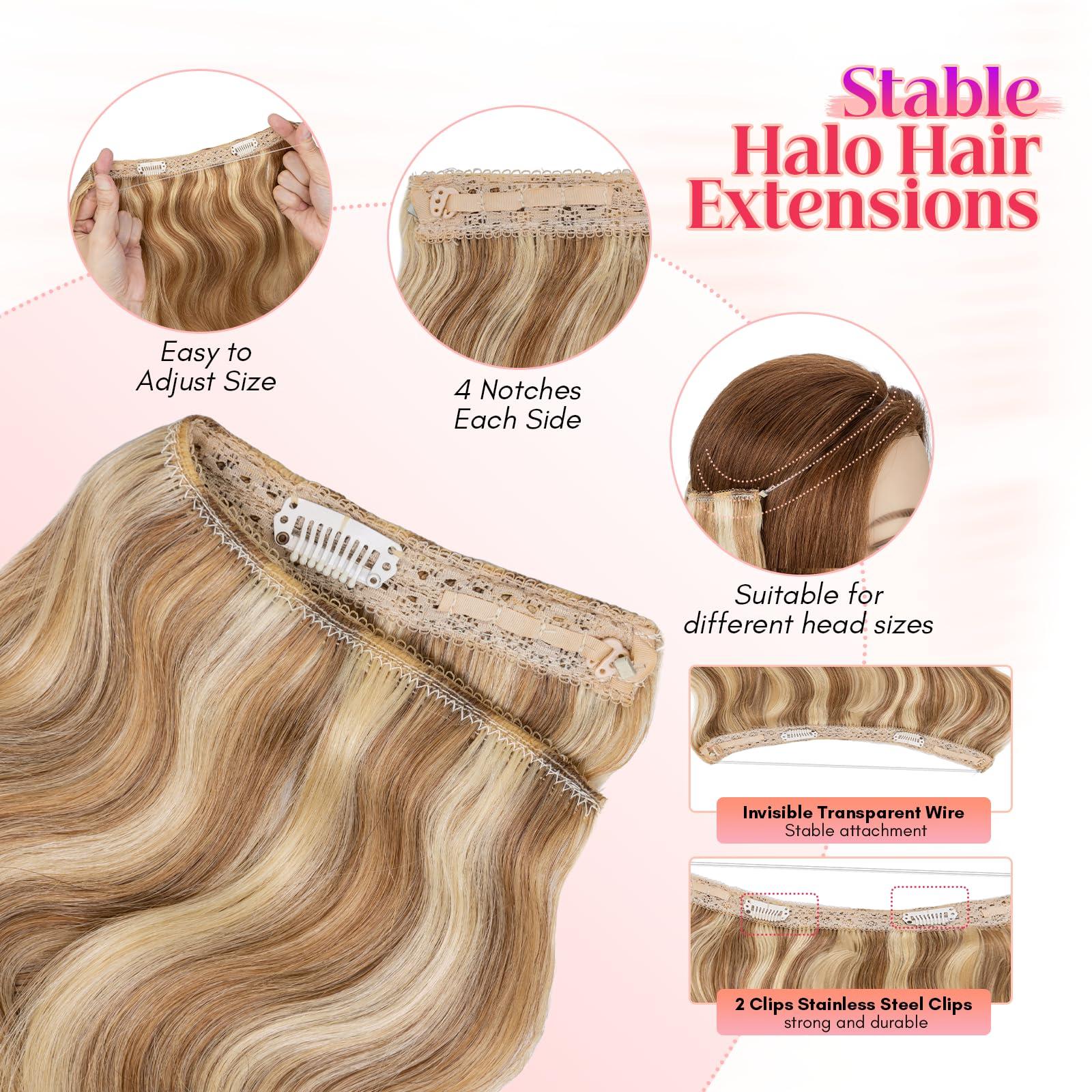 Rich Choices Rich Choices Halo Hair Extensions Real Human Hair Wave Wire In Hair Extensions Human Hair Clip in Human Remy Hair Halo Hair Extension Hair Piece 20 Inch #12P613 Golden Brown Mixed Bleach Blonde