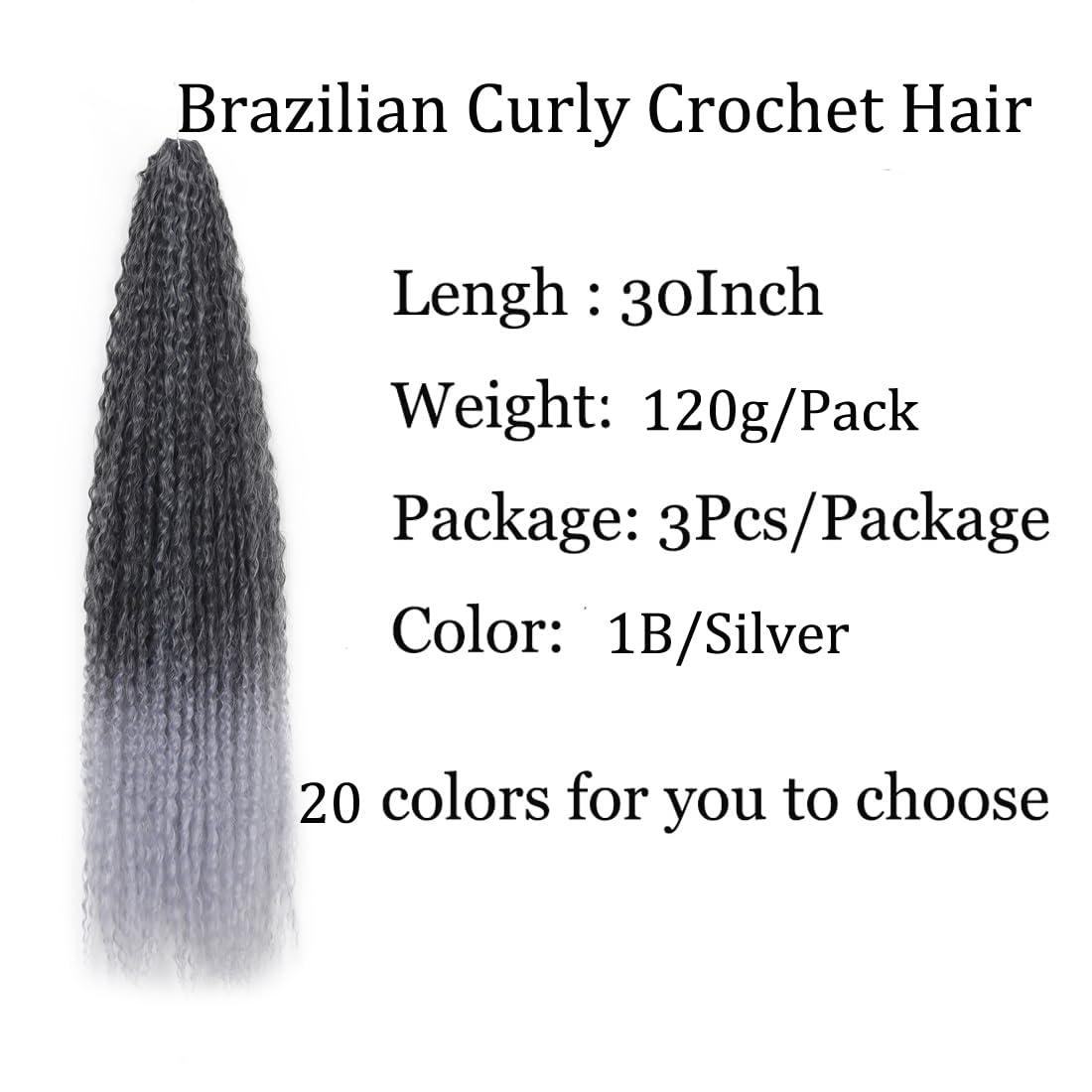 Sarannala Brazilian Curly Braids Crochet Twist Hair 30inches 3Packs Afro Kinky Curly Braiding Hair Extensions Deep Curly Crochet Hair Synthetic Water Wave Braid Hair(30Inch,1B/ Silver Grey)
