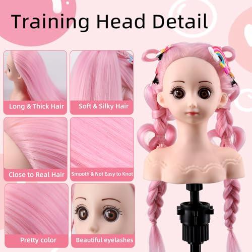 Anstar Anstar Hair Styling Doll Head for Girls Styling Head for Kids Mannequin Head with Pink Hair Doll Head for Hair Styling Braiding Cosmetology Manikin Head with Clamp Holder and Tools