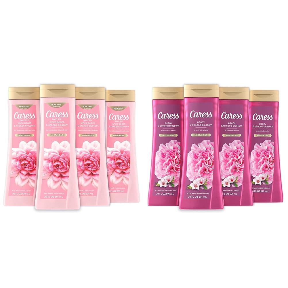 Caress Caress Body Wash With Silk Extract For Noticeably Silky, Soft Skin Daily Silk Body Soap With White Peach & Orange Blossom 20 fl oz 4 pack & Moisturizing Peony & Almond Blossom Body Wash For Fresh