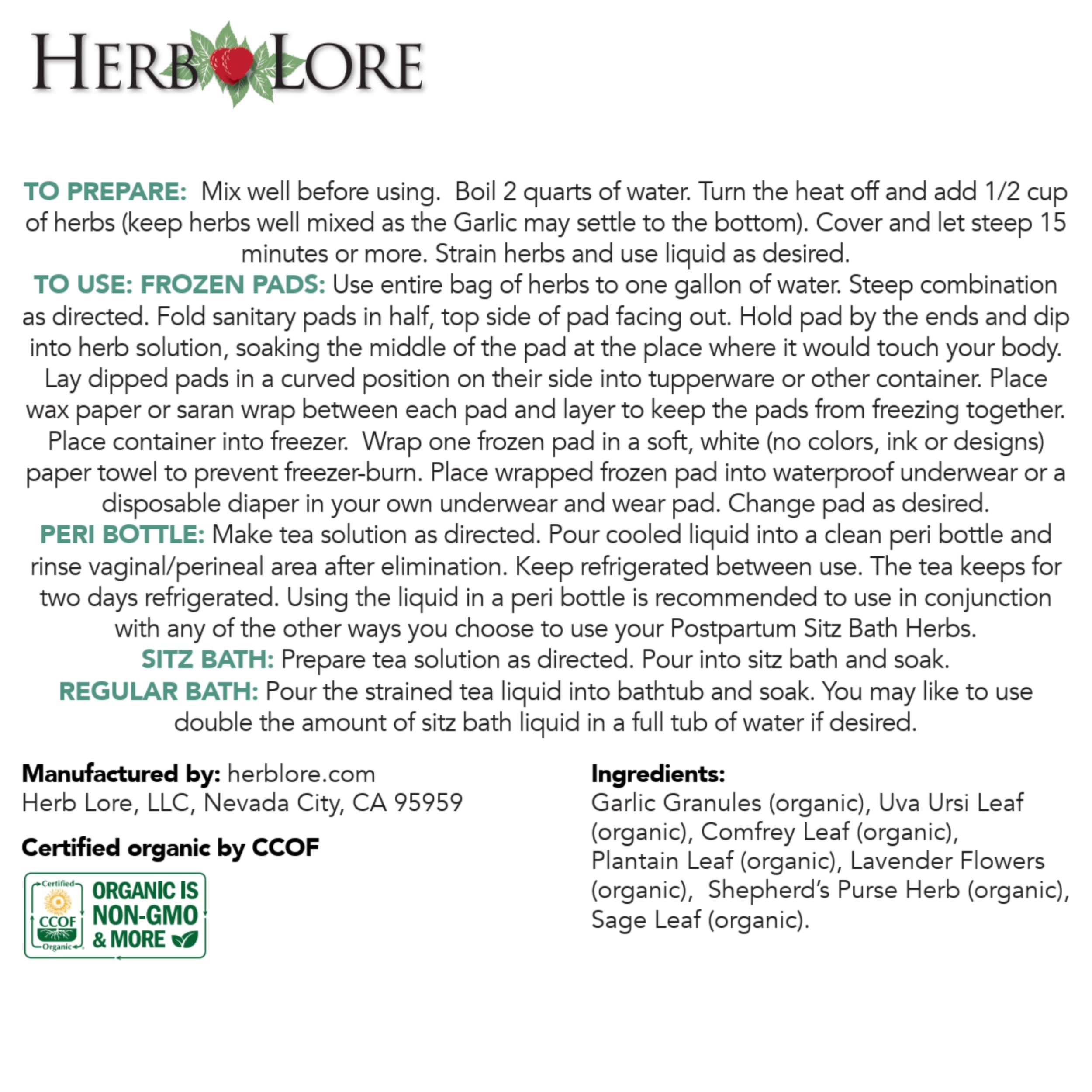 Herb Lore Herb Lore Organic Postpartum Sitz Bath Soak, Herbal After Birth Care for Perineal Healing