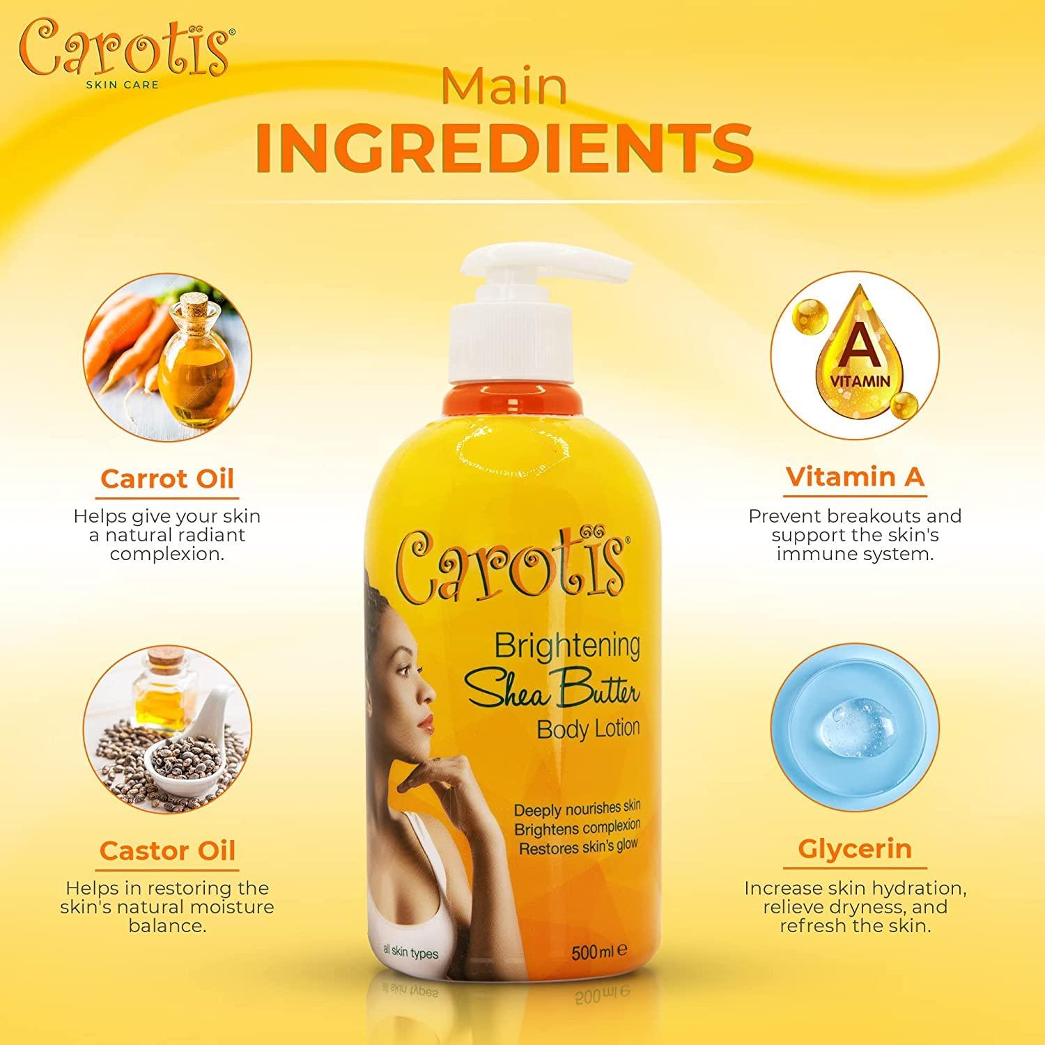 CAROTÏS CAROTS, Skin Brightening Body Lotion 17.6 fl oz / 500ml Helps to Remove Dark Spots, with Shea Butter, Arbutin Complex and Vitamin A