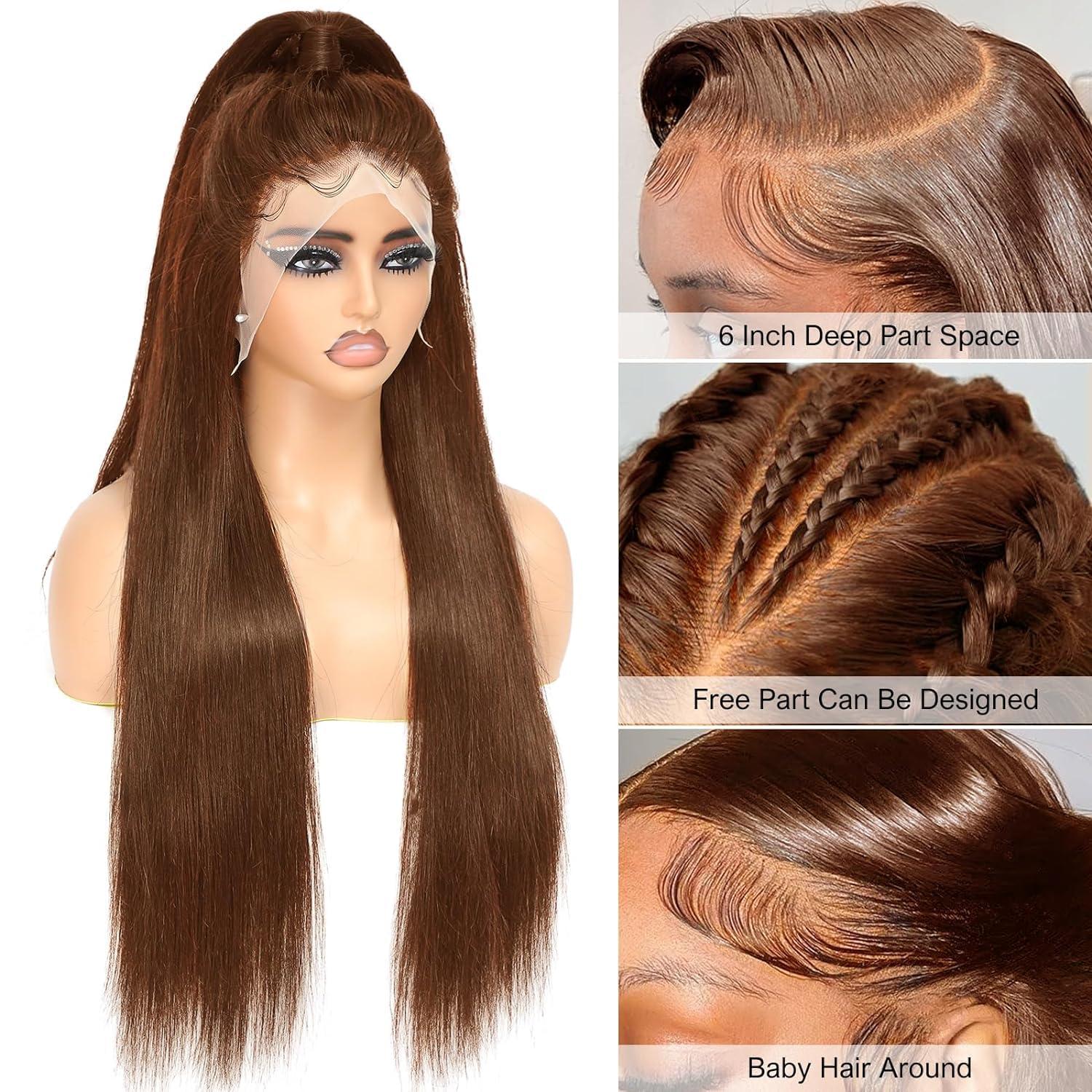 tunfine tunfine 13x6 Chocolate Brown Lace Front Wig 200 Density Hd Lace Front Wigs Human Hair,24 Inch Glueless Straight Frontal Wigs Human Hair Pre Plucked With Baby Hair