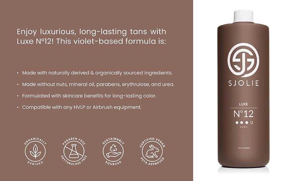 SJOLIE SUNLESS SJOLIE Spray Tan Solution - Luxe 12 - Violet Based Dark Blend | Sunless Tanning Solution for Deep, Dark Bronze Finish, All Natural (32oz)