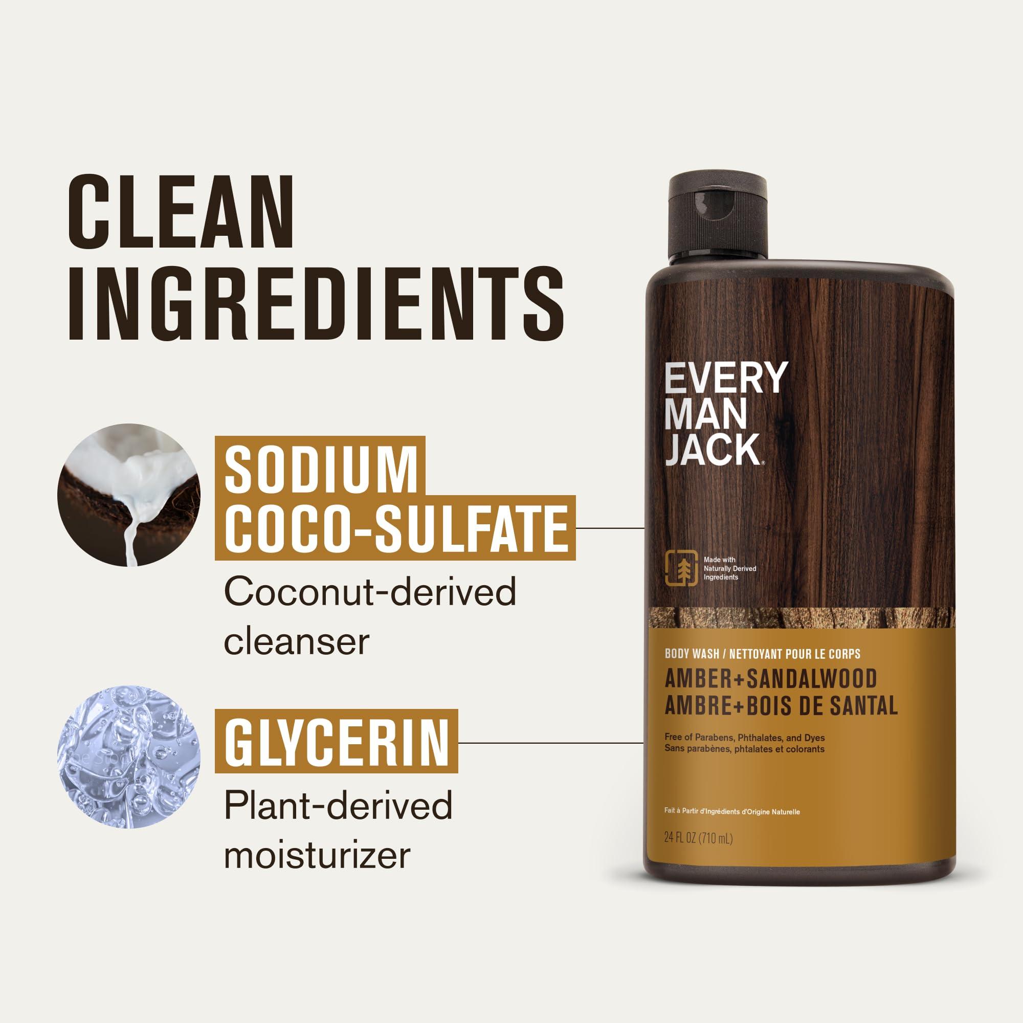 Every Man Jack Every Man Jack Amber+Sandalwood Hydrating Mens Body Wash for All Skin Types-Cleanse, Nourish, and Hydrate Skin with Naturally Derived Ingredients-Paraben Free, Phthalate Free, Dye Free-24oz(Pack of 2)