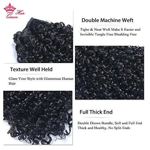 Queen Hair Double Drawn Pixie curl Brazilian Curly Hair Weave Bundles Brazilian Virgin Human Hair Weave 100% Unprocessed Hair Weft Extensions Natural Black Color Queen Hair Products (14 14 16 16inch, Natural Color(1B))