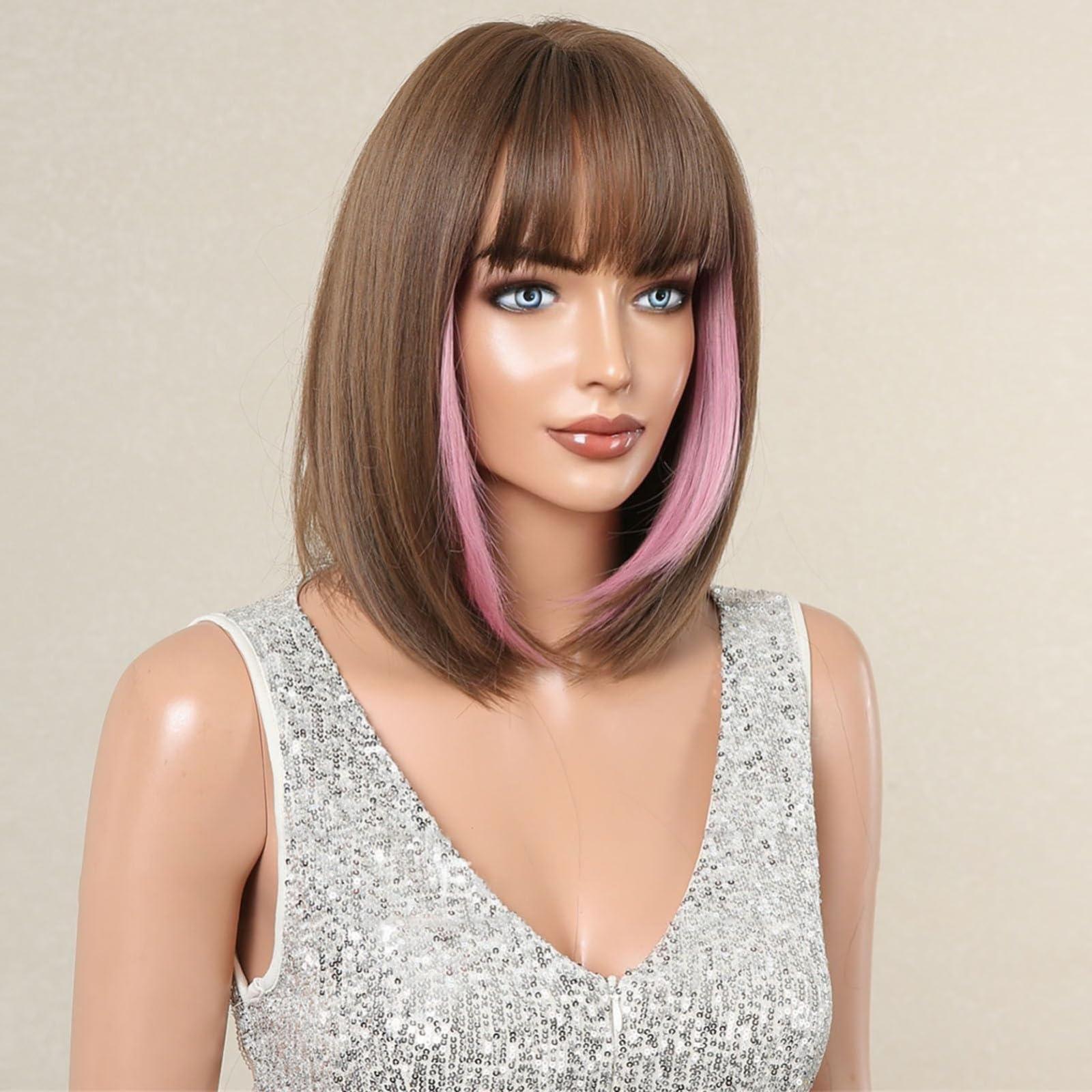 POWHA POWHA Short Auburn Wig with Bangs for Women Natural Synthetic Hair Ombre Wig with Dark Roots Loose Wavy Wig, size