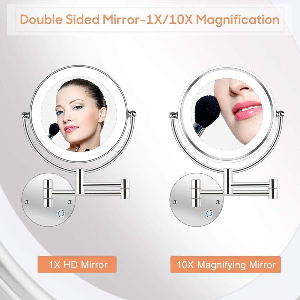 SEnyah SEnyah Wall Mounted Shaving Mirror 10X Magnification Double Sided Folding LED Bathroom Mirror Retractable 360Swivel Illuminated Makeup Mirror, Concealed Install, 8.5 Inches