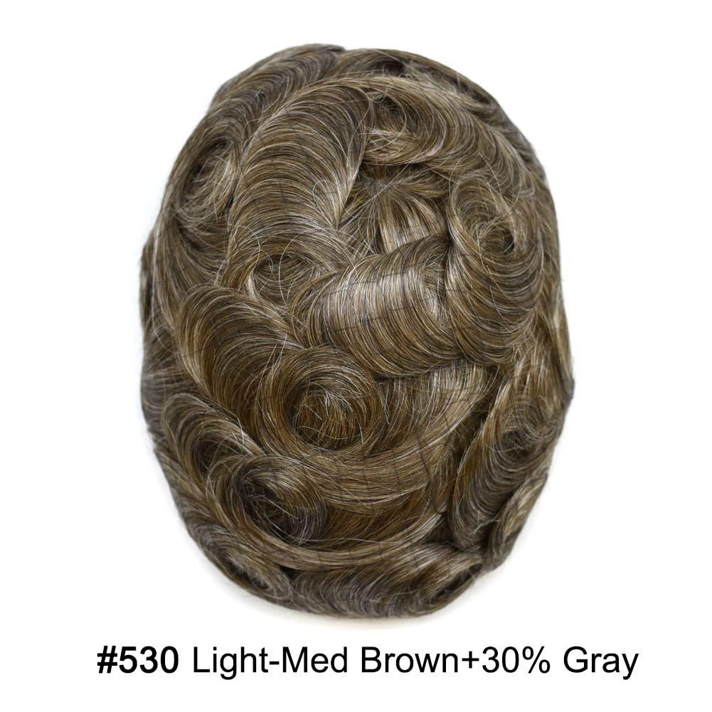 Generic Mens Toupee Men Hair System All French Lace Mens Hairpiece Soft And Breathable Lace Toupee For Men Hair Replacement System For Men Human Hair 7\"X9\" #530 Light-Med Brown+30% Gray-100% Density