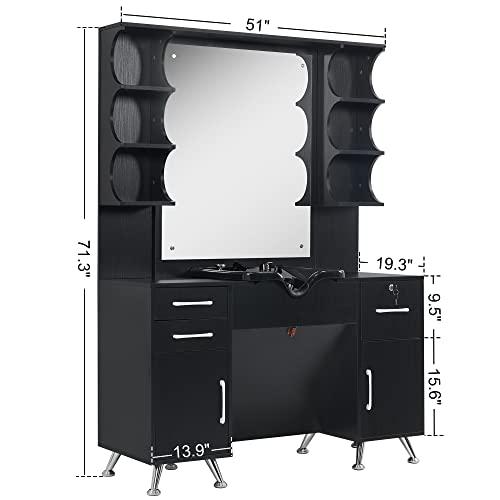 BarberPub BarberPub Backwash Shampoo Bowl Cabinet, Wall Mount Station with Mirror, Storage Cabinet with Drawers & Shelf Salon Equipment 3141 (Black)