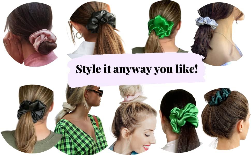 IUPTOWN CHIC Jumbo XL Luxury Silk Charmeuse Scrunchies for Women Girls, Frizz Prevention, Sleep Hair Holder Scrunchy, Large Elastic Ties Band for Ponytail Bun, Hair Ties for Breakage Prevention (Black)