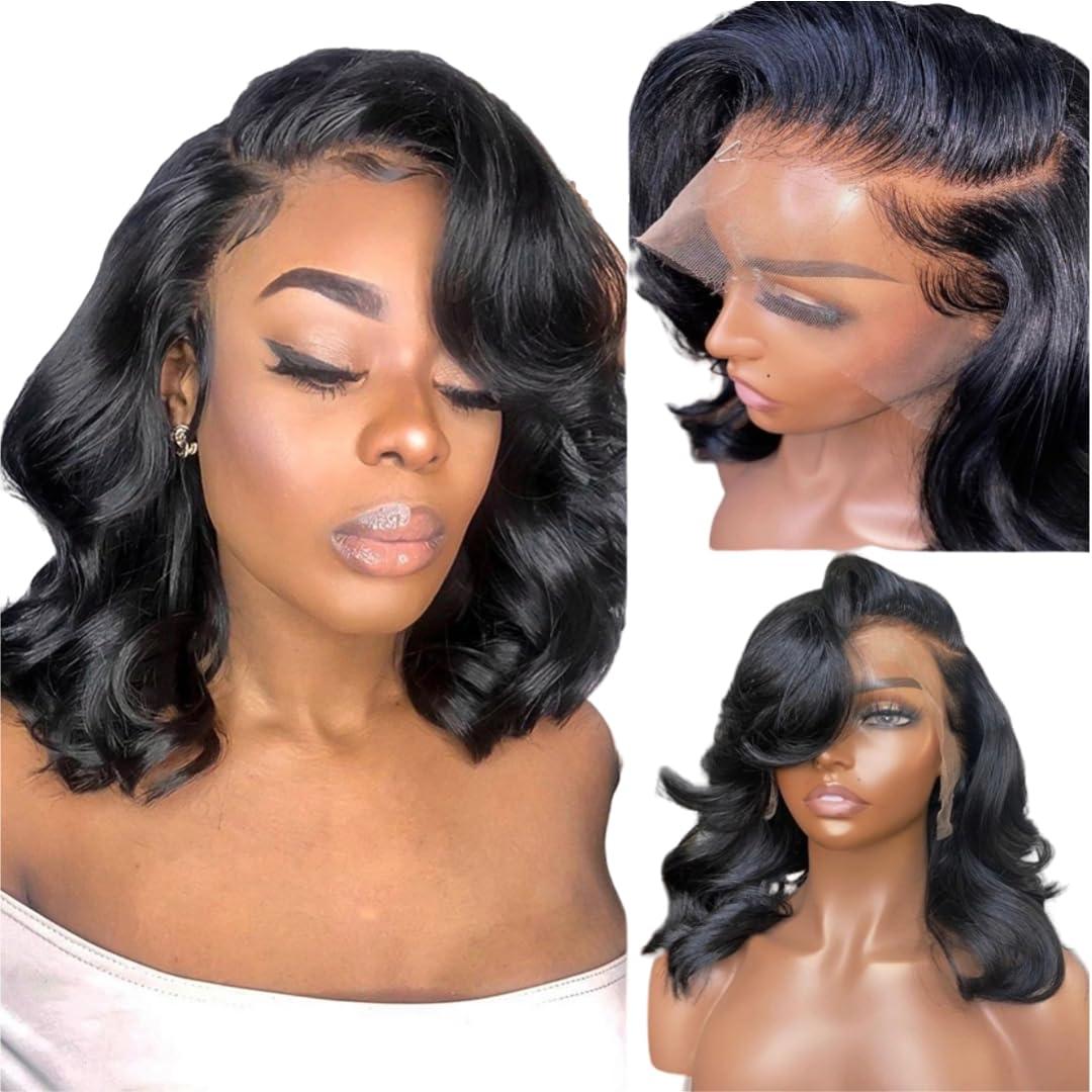 EMOBANA Bob Wig Human Hair 13x6 Lace Front Wigs 16 Inch Loose Body Wave HD Lace Frontal Wigs Glueless Wigs Human Hair Pre Plucked Wear and Go Short Bob Wigs for Black Women Natural Black Color