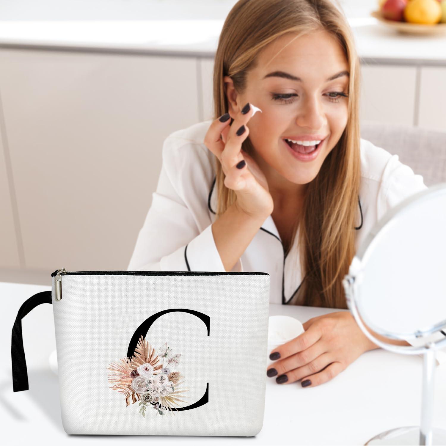lamocho Personalized Makeup Bags for Women, Monogram Initial C Boho Letter Makeup Bag Zipper Cosmetic Travel Toiletry Pouch, Monogrammed Gifts for Women Birthday Gifts for Mom Daughter Bestie Teen Sister/ZM03