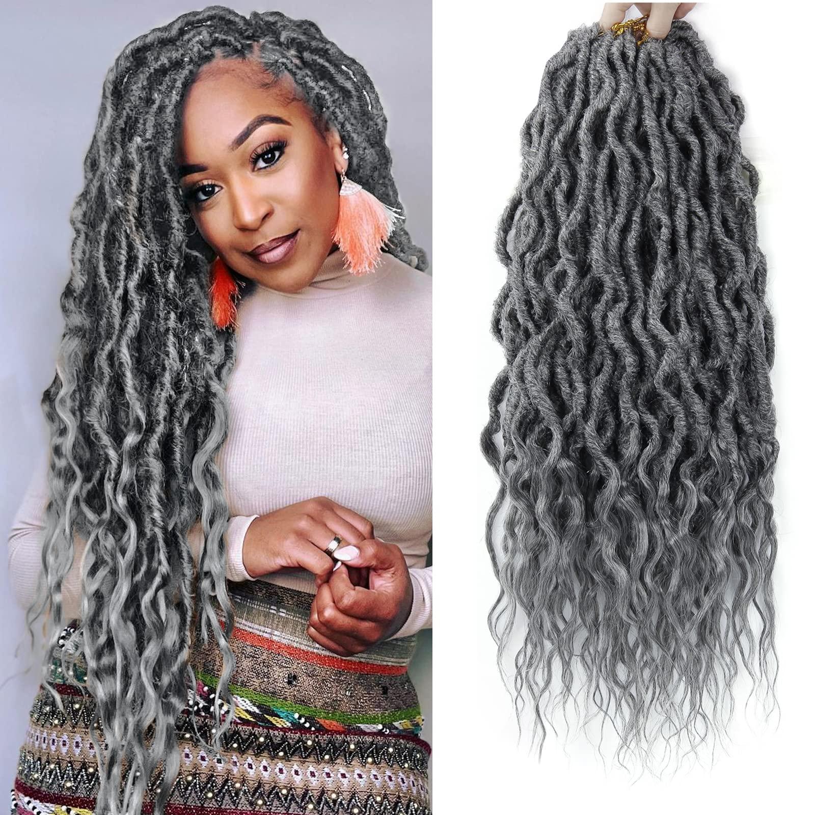 BEkjdiof Goddess Faux Locs Crochet Hair 24Inch 6Packs Pre-looped Goddess Locs Crochet Hair,Curly Locs Crochet Hair Soft Dreadlocks Faux Crochet Locs Synthetic Crochet Braids for Black Women(24'', Grey)