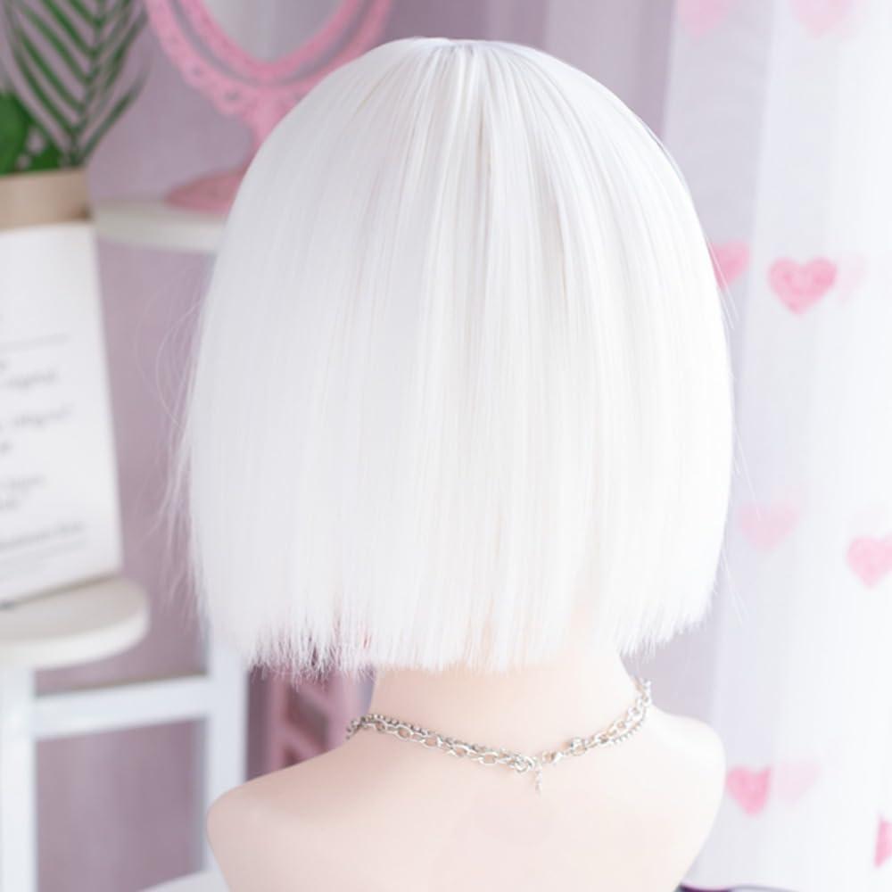 SCORRO White Wig - Cyberpunk Sci-fi Goth Style Synthetic Hair Wigs with Bangs for Women, Long Wavy Wig, Long Straight Wig, Short Bob Wig Options Available (12\" white straight wig)