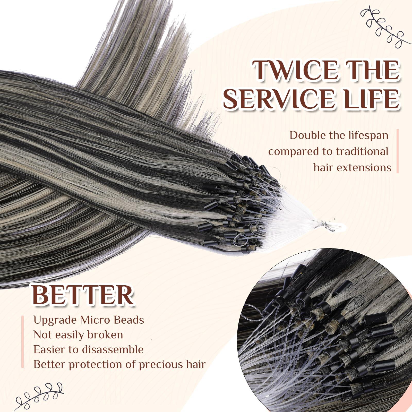 KiiKiiGirl KiiKiiGirl Micro Link Virgin Remy Hair Extensions Human Hair 16inch Microlink Beads Hair Extensions Human Hair Micro Loop Hair Extensions Real Human Hair #1B/Silver Natural Black to Silver 50G/Pack