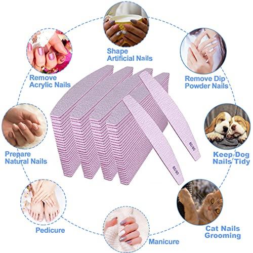AhaTopia Nail Files 80/80 Grit (100 Pack), Emery Boards for Acrylic Nails and Gel Nails, Coarse Nail File 80 Grits Double Sided Emory Board Professional Nail Filers Reusable Washable Manicure Curved Gray Bulk