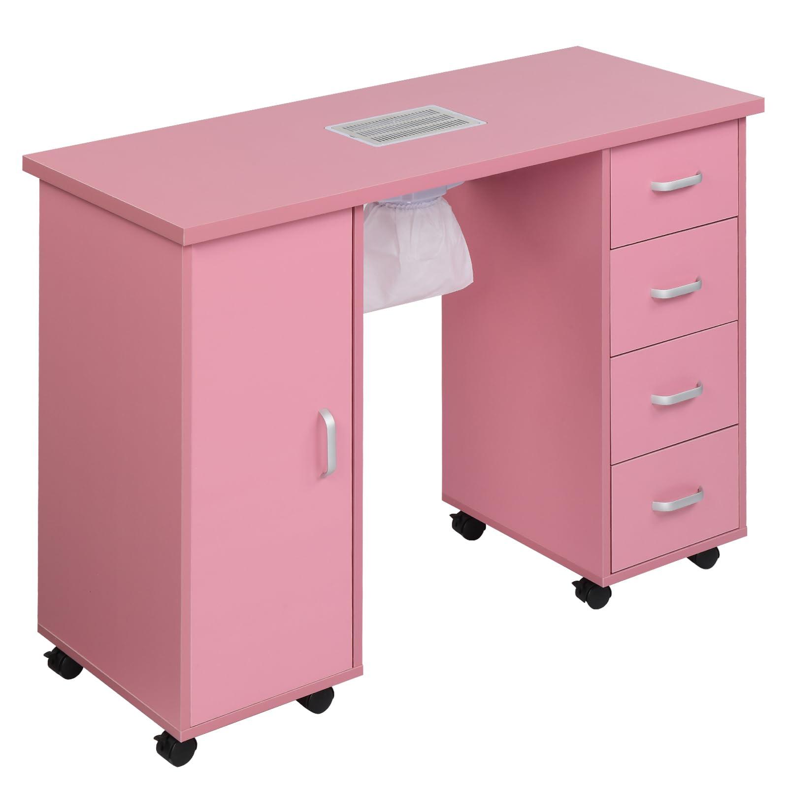 NALLBEIRRAA NALLBEIRRAA Pink Manicure Nail Table Station, Nail Desk with Electric Downdraft Vent, Locking Castors, 2 Layers Storage Cabinet, 4 Removable Drawers for Nail Tech, Beauty Salon (Pink)