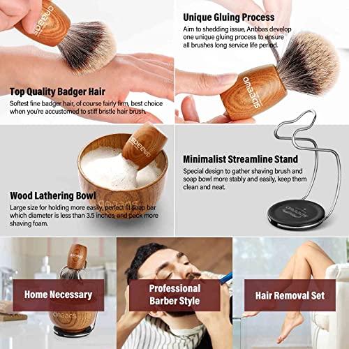 Anbbas Anbbas Shaving Set, Pure Badger Hair Shaving Brush Wood Handle and Large Soap Bowl with Stainless Steel Shaving Stand 3IN1 Kit for Men