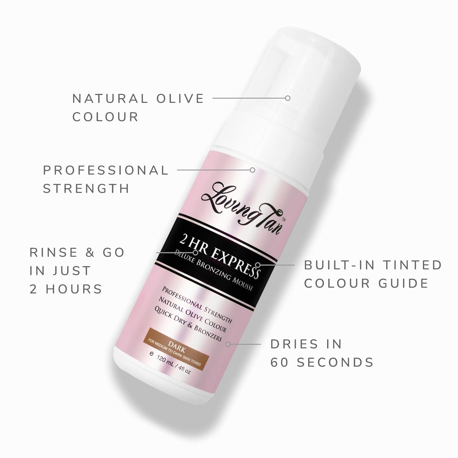 Loving Tan Loving Tan 2 HR Express Mousse, Dark- Streak Free, Natural looking, Professional Strength Sunless Tanner - Up to 5 Self Tan Applications per Bottle, Cruelty Free, Naturally Derived DHA - 4 FL Oz