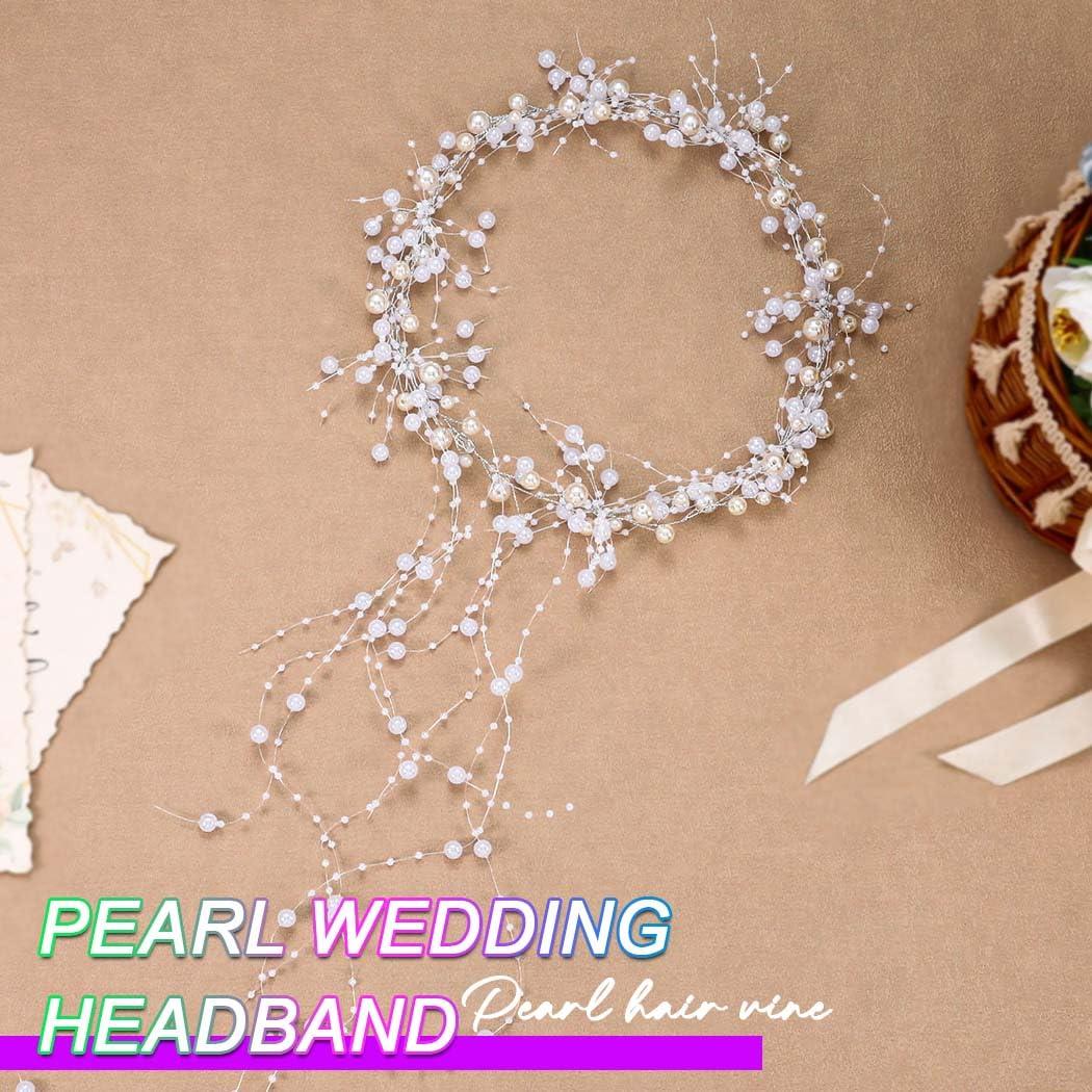 BARTOSI BARTOSI Pearl Bridal Headband Silver Pearl Tassel Wedding Hair Accessories Prom Headpiece for Women and Brides