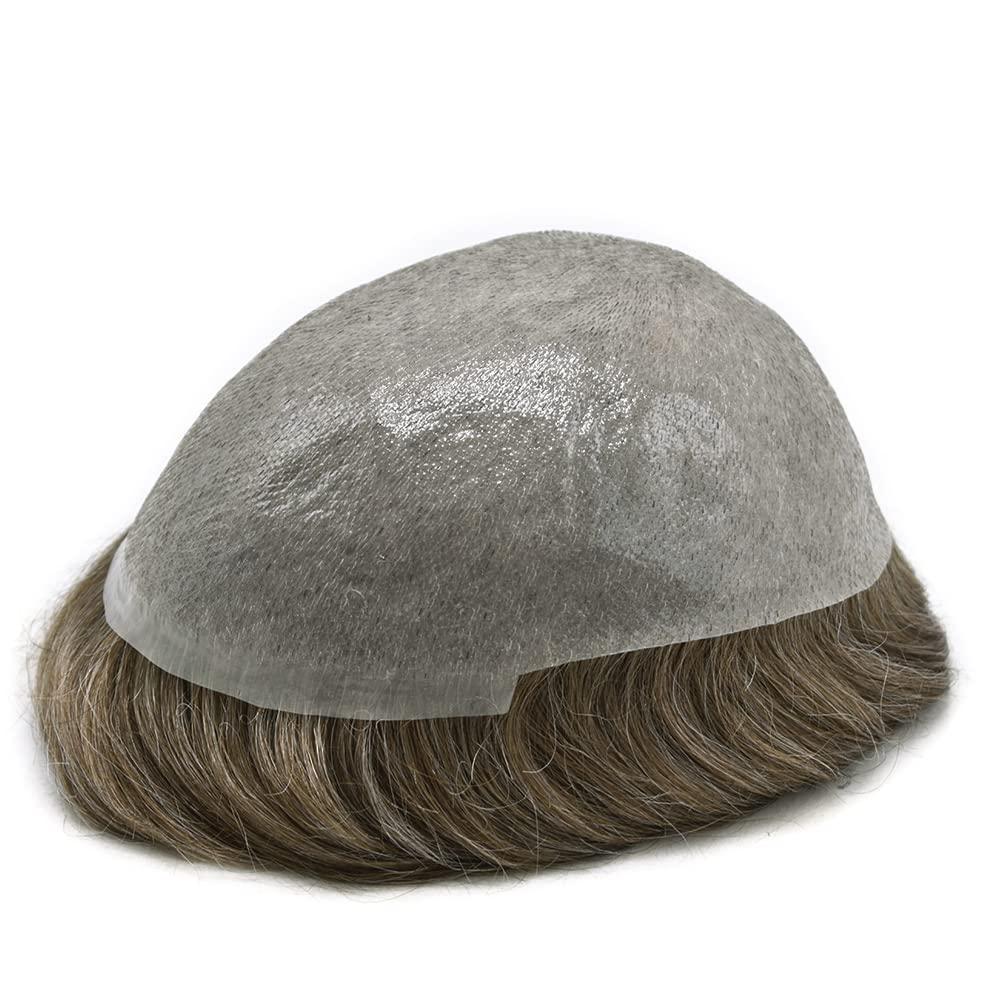 Generic Hair System For Men 0.06mm Ultra Thin Skin V-looped Human Hair Mens Toupee Natural Hairline Mens Hair Replacement System Ultralight Hair System8\"x10\"#540 Medium Light Brown with 40% gray-100% Density