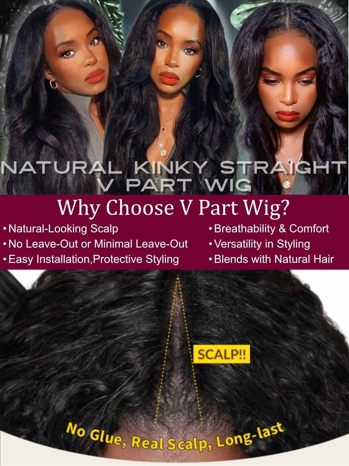 Beauty Forever Beauty Forever V Part Wig Human Hair Kinky Straight EasiContour Vpart Wigs Upgrade U Part Wigs Glueless Full Head Clip In V Shape Wigs No Leave Out None Lace Front Wig 150% Density 22inch