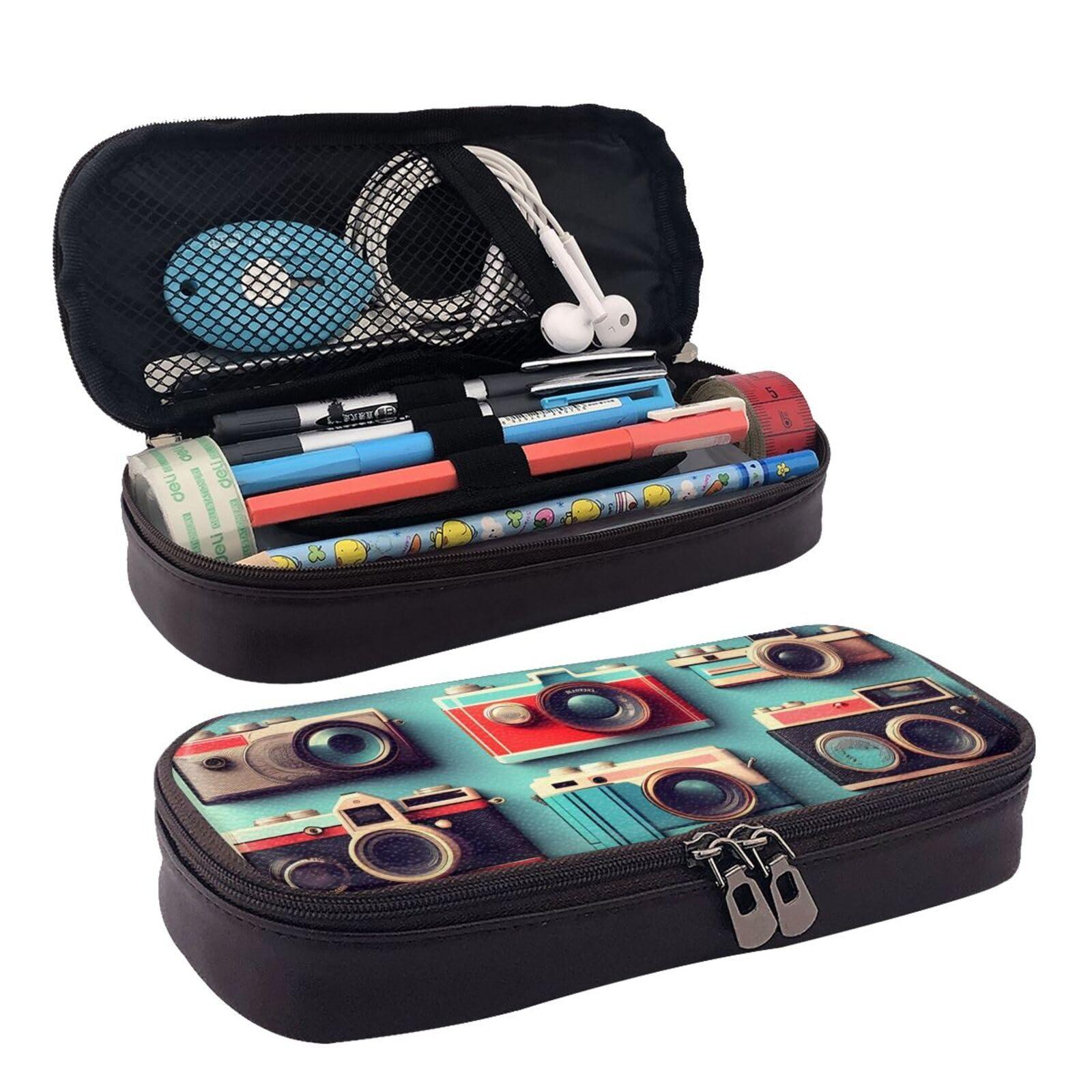 YHBLYKXP YHBLYKXP Retro Cool Camera Collection print Leather Flap Pencil Case,Toiletry Organizer,Zipper Coin Purse, Black